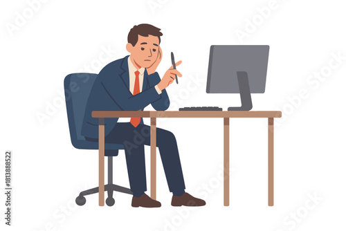 Exhausted worker experiencing burnout and stress while sitting in front of a desktop monitor