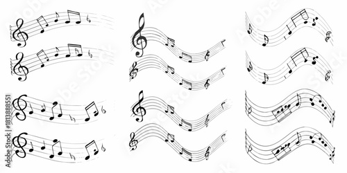 Wavy musical staffs with black notes and treble clefs