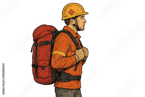First responder wearing safety helmet and large backpack ready for emergency rescue