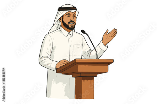 Middle Eastern man in traditional attire giving a speech at a wooden lectern