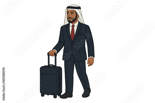 Middle Eastern businessman in suit and traditional Ghutra traveling with luggage