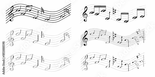 Collection of musical notes and staffs in various styles