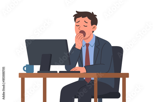 Tired male worker yawning at desk suffering from fatigue and burnout
