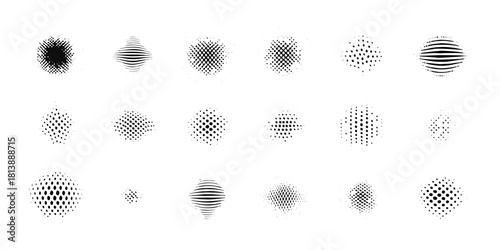 Collection of black and white halftone and line pattern graphic elements