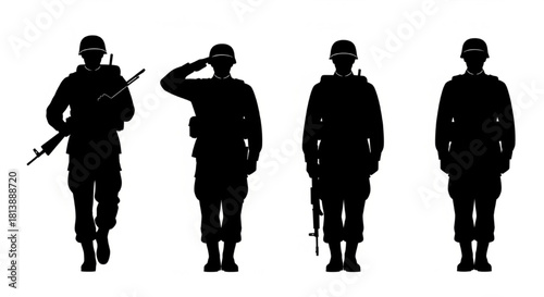Soldier Silhouette Vector Showing Sequential Poses — Marching, Saluting, Standing Guard, At Ease

