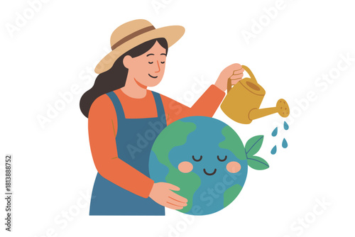 Cheerful woman in straw hat and overalls watering a happy Earth globe