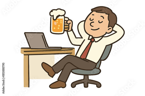 Happy businessman relaxing at his desk drinking a cold beer after finishing work