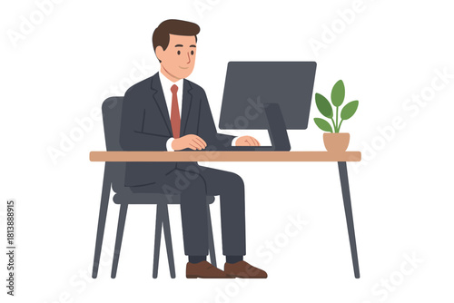 Professional businessman working at desk on computer monitor wearing formal suit and tie