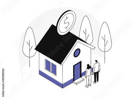 Isometric illustration depicting homeownership and financial investment visualized with a house, coin, and couple, perfect for design needs.