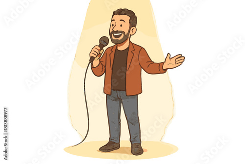 Happy man with a beard holding a microphone and gesturing under a spotlight