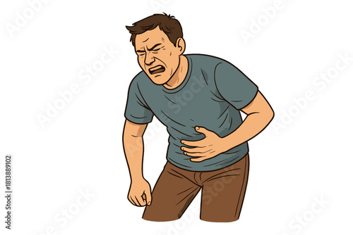 Man clutching his stomach suffering from severe abdominal pain and discomfort