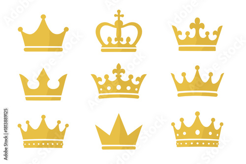 Set of nine different golden crowns and royal tiaras for king and queen