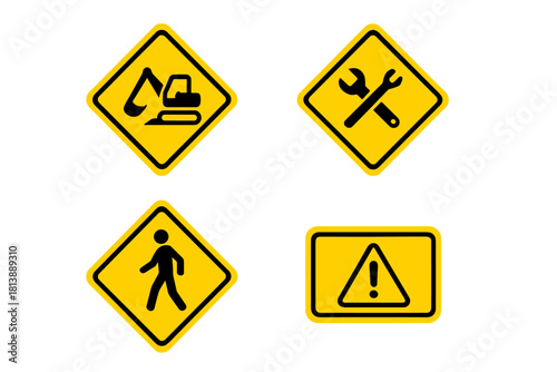 Essential safety warning signs set featuring construction equipment, maintenance, walking person, and general hazard symbols