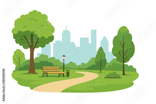Green city park landscape with walking path and bench set against a modern urban skyline