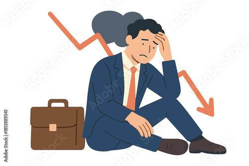 Depressed businessman suffering professional burnout and financial loss with declining graph