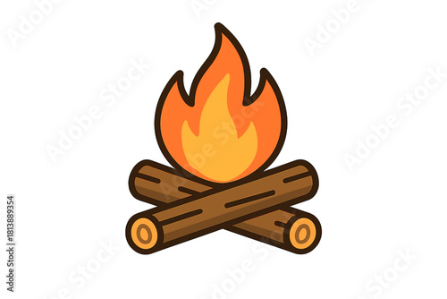 Simple cartoon campfire burning brightly on crossed logs for outdoor recreation