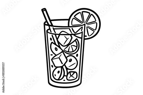 Refreshing summer cocktail beverage in tall glass with ice and citrus fruit garnish