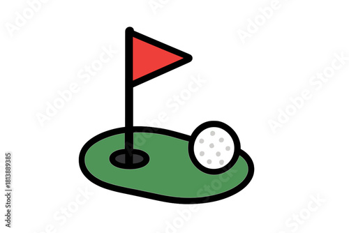 Golf ball resting on the putting green next to the hole and flagstick