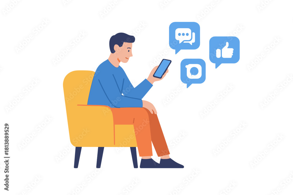 Obraz premium Young man sitting comfortably in an armchair checking social media notifications on his mobile phone