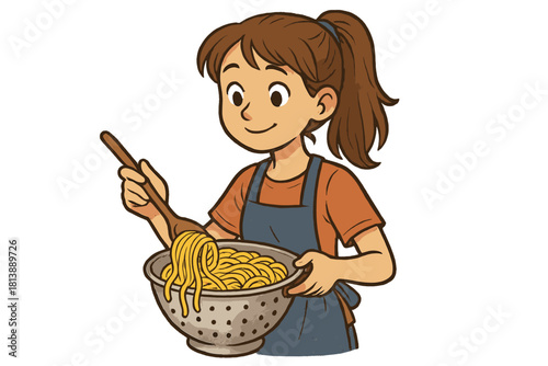 Smiling young woman draining freshly cooked spaghetti pasta in a metal colander using a wooden spoon