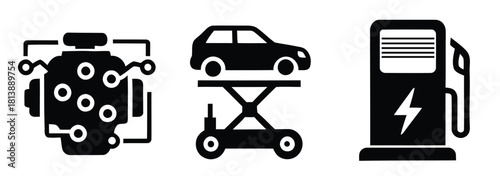 Car engine, vehicle repair, and electric charging station icons