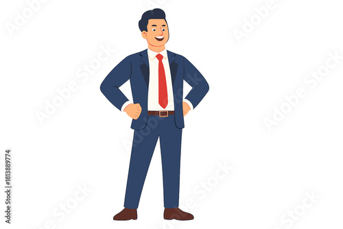 Professional male executive standing confidently in a dark blue suit and red tie