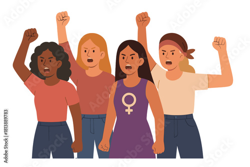 Diverse group of women raising their fists in protest demanding equality and rights