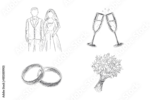 Hand drawn sketch style icons of bride groom wedding rings bouquet and champagne flutes