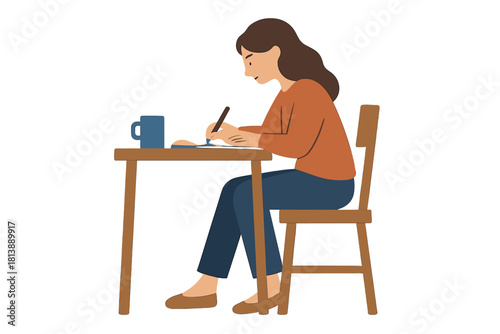 Focused woman sitting at a wooden table writing in a notebook for study or creative work