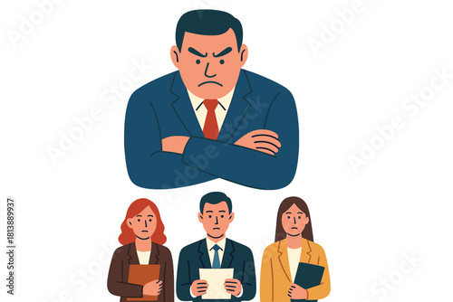 Intimidating manager with crossed arms looking down at anxious employees during a tense meeting