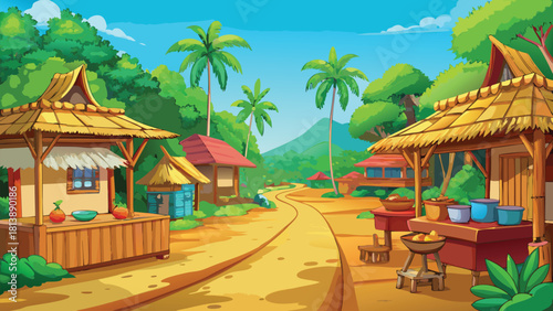 Peaceful warm-sunset scene over a deep Asian village and a solitary big tree vector illustration ai generated art