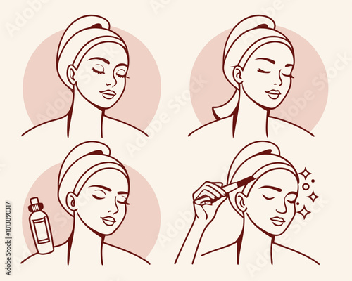 Minimalist vector illustration sequence depicting skincare and beauty routines with facial self care steps.