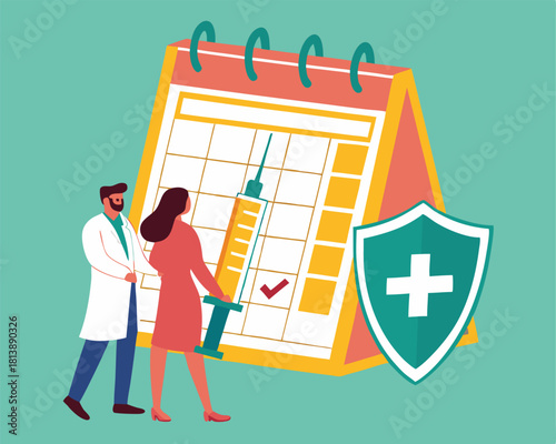 Medical illustration depicting vaccination appointment with calendar and health protection symbol suitable for designs