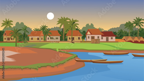 Peaceful warm-sunset scene over a deep Asian village and a solitary big tree vector illustration ai generated art