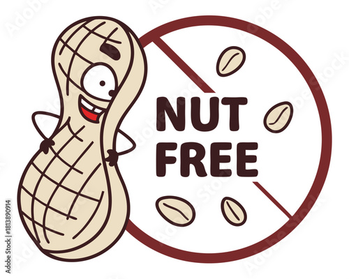 Nut free food allergy awareness icon depicting a smiling peanut and a no nuts symbol suitable for various design uses