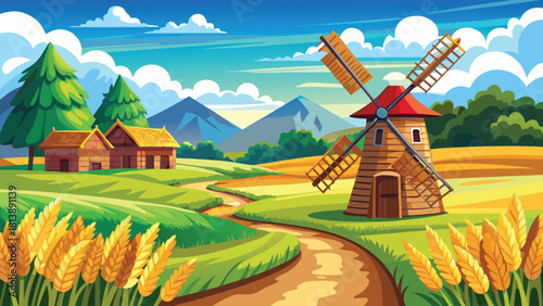 Golden evening sun glowing above an Asian village anchored by a huge tree vector illustration ai generated art