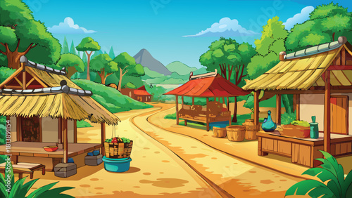 Warm sunset colors spreading across a deep Asian village with a towering big tree vector illustration ai generated art