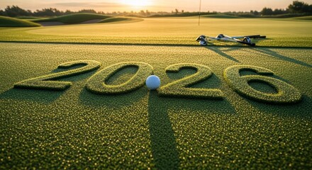 Golf Course Green and Ball with Year 2026: An eye-level perspective showcases a pristine golf course with the year 2026 artfully crafted from lush green grass, a golf ball resting.