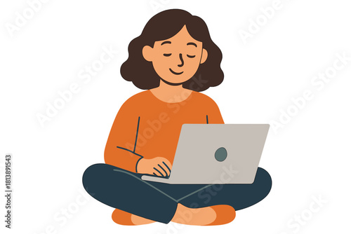 Young woman sitting cross-legged and working remotely on a laptop computer