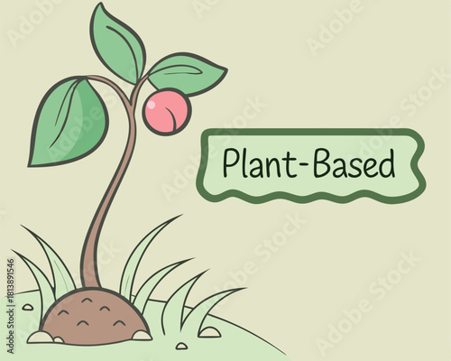 Plant based concept featuring a sprout with leaves and a red berry in a cartoonish style on a light green background