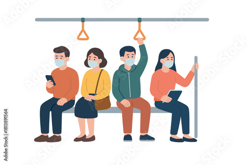 Diverse group of commuters wearing face masks while riding public transit during a pandemic