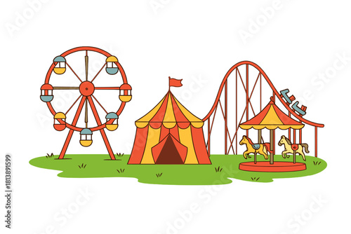 Amusement park scene with Ferris wheel, striped circus tent, roller coaster, and carousel