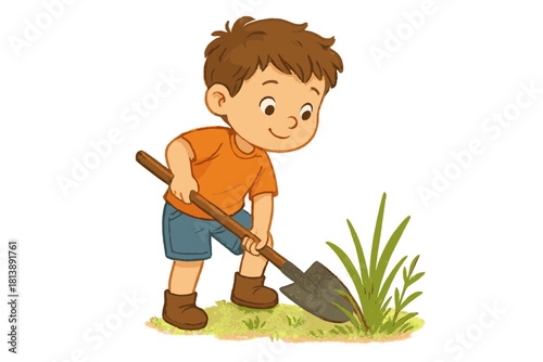 Boy digging dirt with spade while wearing boots and shorts, outdoor gardening activity