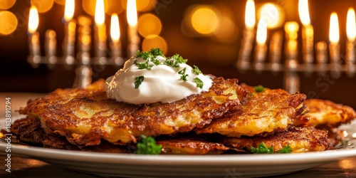 Celebrating hanukkah with crispy potato latkes and sour cream topping