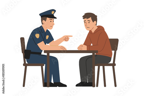 Police officer interrogating young man about crime and law enforcement during serious conversation