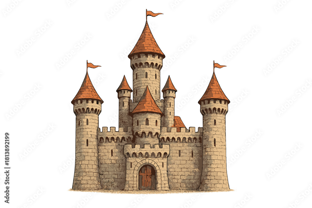 Naklejka premium Medieval fortress castle with multiple towers and red conical roofs isolated on white