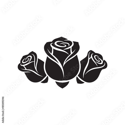 Black graphic silhouette of three blooming rose flower heads