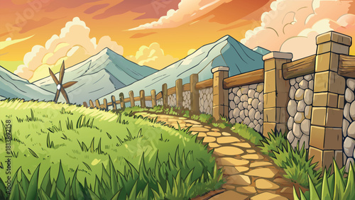 Old stone fence running through tall grassy field vector illustration ai generated art