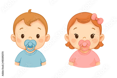 Sweet baby boy and girl faces wearing pacifiers and rosy cheeks isolated on white