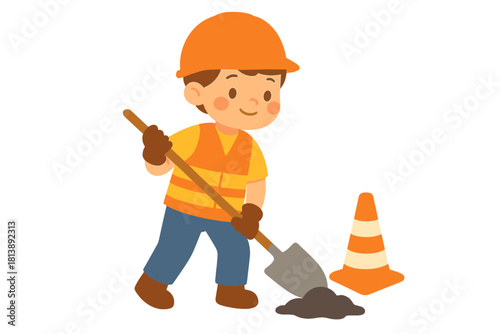 Cartoon boy wearing safety vest and hard hat digging dirt with a shovel near a traffic cone